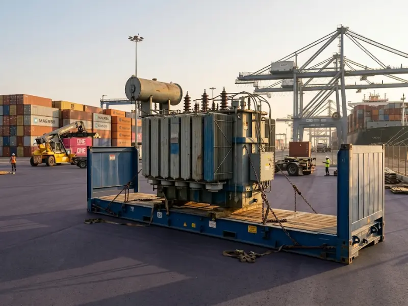 Industrial electrical transformer secured with heavy chains on a blue 40ft flat rack shipping container at a port.