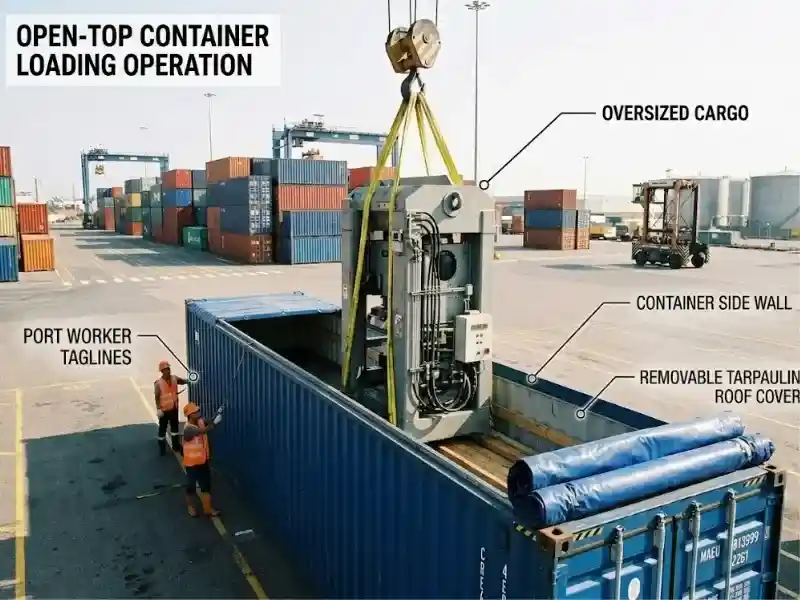 Crane lowering oversized industrial cargo into an open top container with a removable tarpaulin cover at a port.