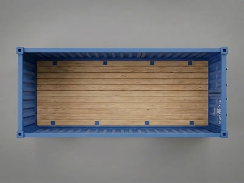 Top-down view of an open top shipping container showing solid steel side walls and wooden flooring for top loading.